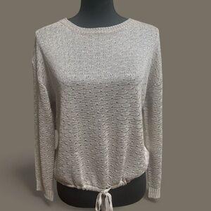 SIONI Shimmering Sparkling Cream Lightweight Tie Front Crochet Sweater Top SZ M